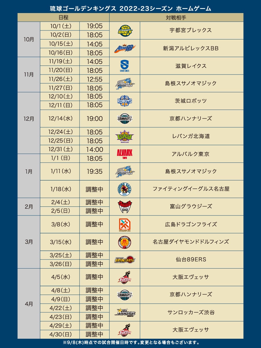 試合日程及び試合開始時間変更のお知らせ | 琉球ゴールデンキングス