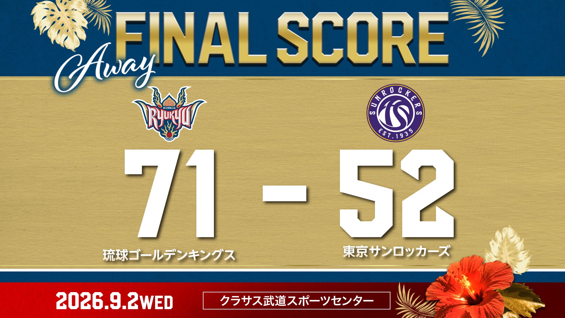 【結果】ゲームレポート [ 9/2(水)練習試合 vs 東京サンロッカーズ ]